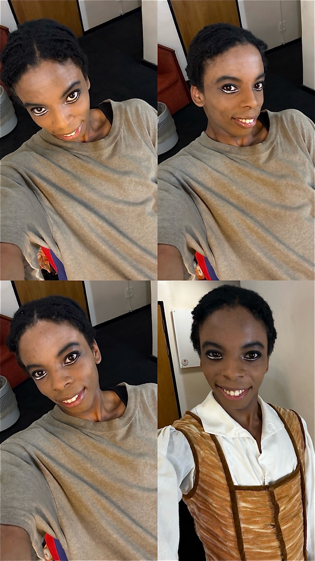A collage of selfies of a man in various outfits. The man is wearing makeup and appears to be in a theater setting.
