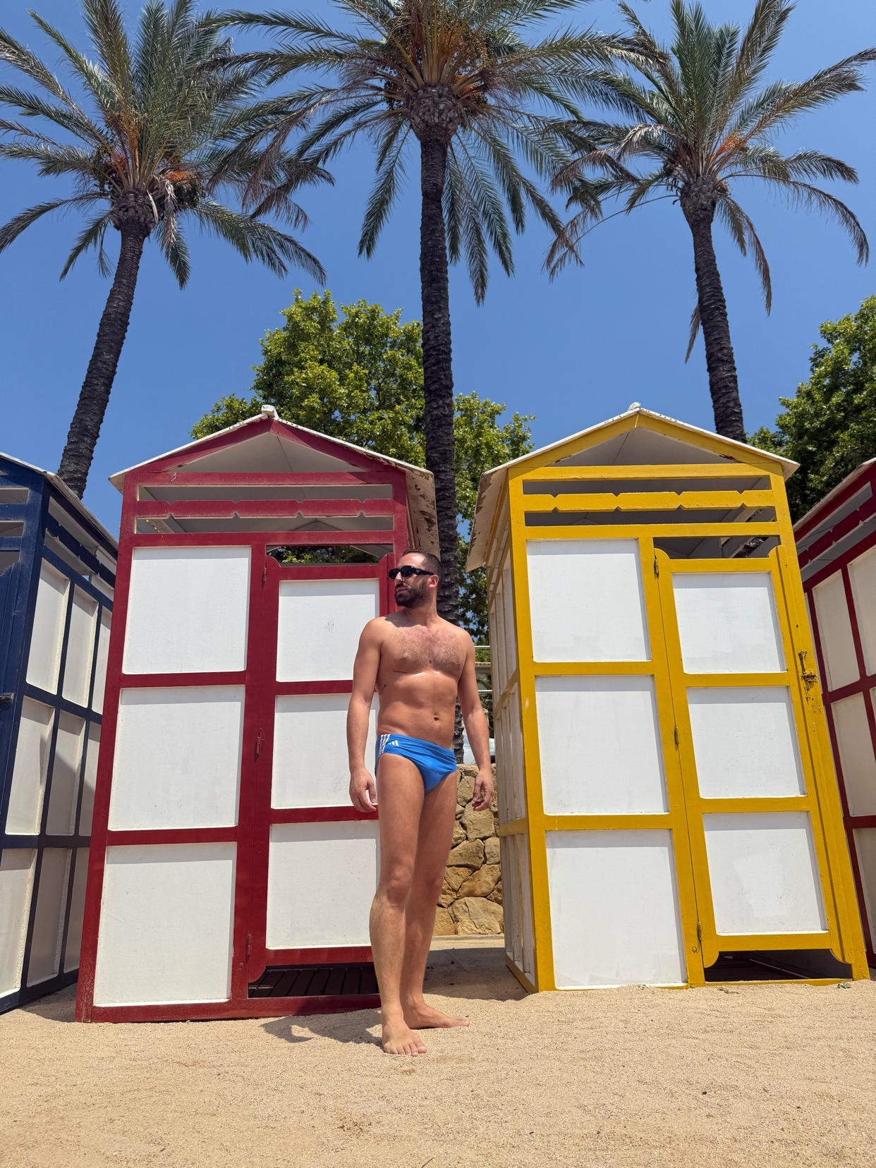 A shirtless man wearing blue swim briefs and sunglasses stands on a sandy beach between colorful beach huts. Palm trees tower over the scene under a clear blue sky.