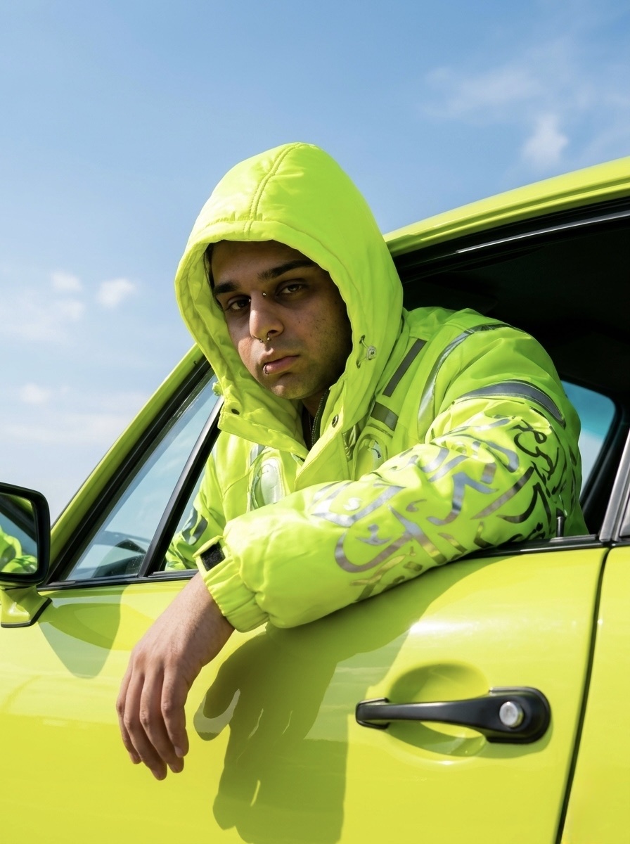 A man in a bright yellow hooded jacket leans out of a yellow car window, looking towards the camera.