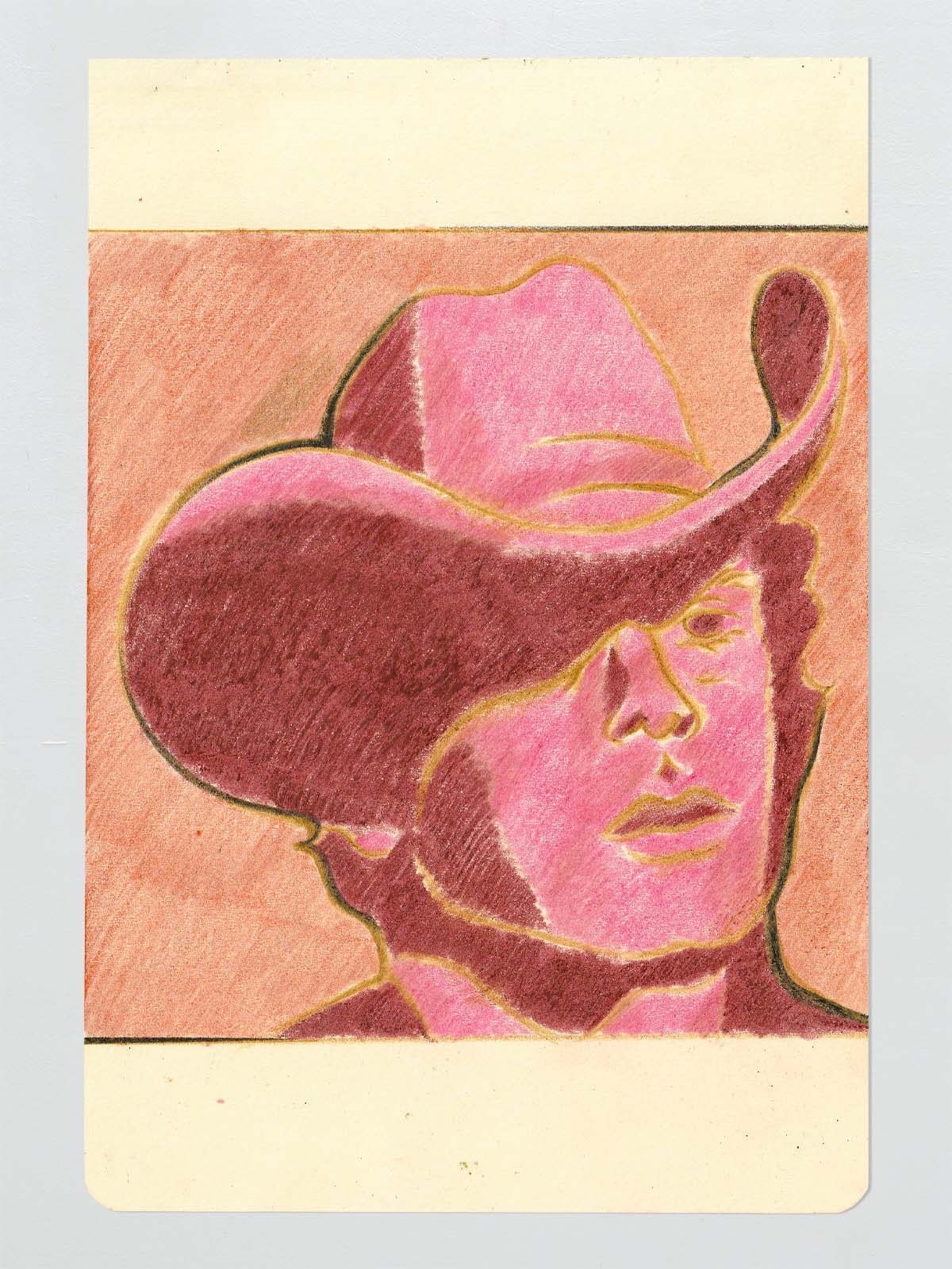A pencil drawing of a man wearing a pink cowboy hat. The artwork is stylized with a limited color palette.