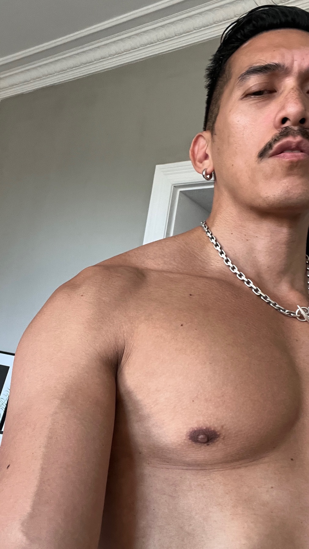 A close-up, chest-up shot of a man with a mustache and a silver chain necklace. He is shirtless, showing his muscular chest and shoulders.