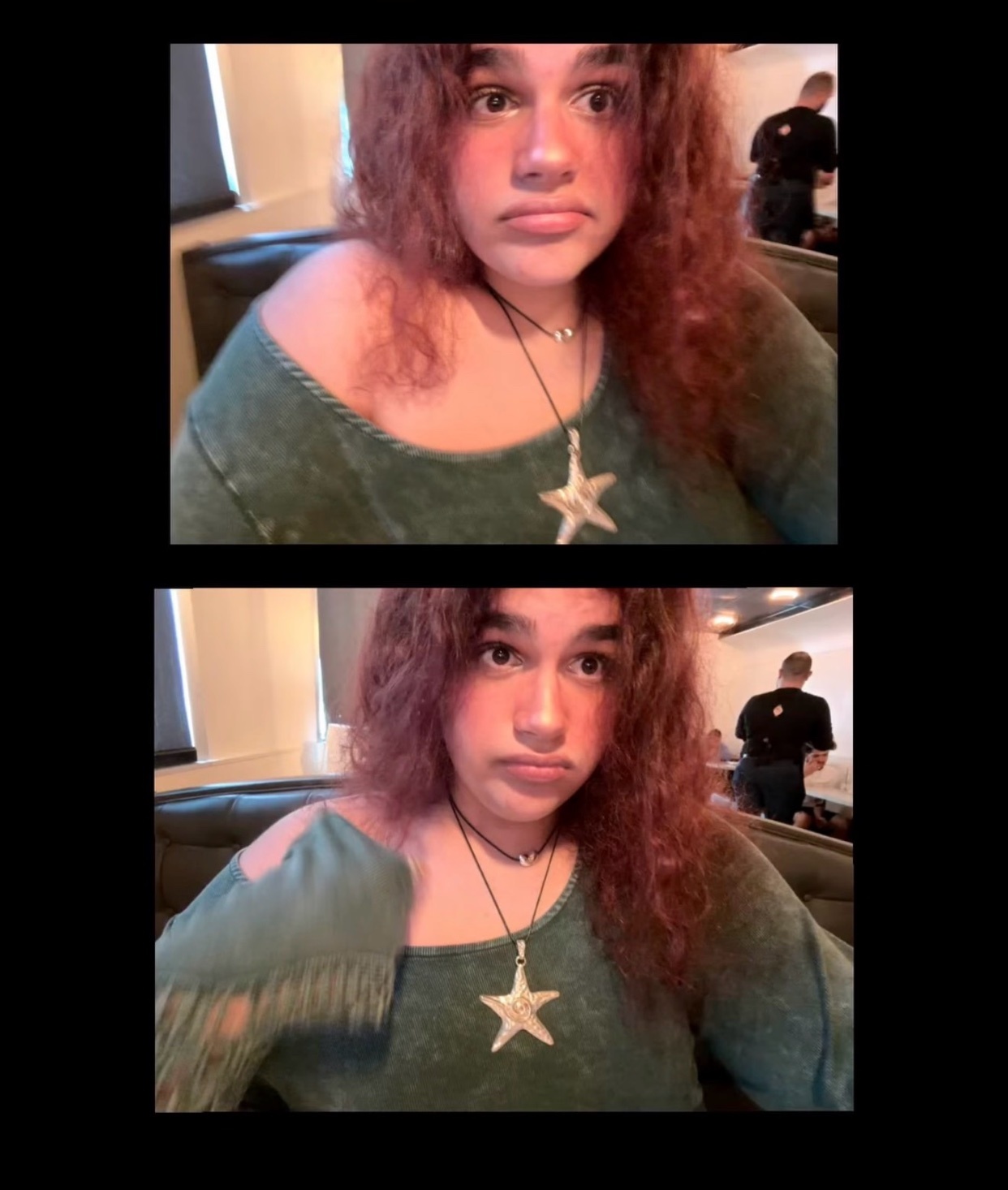 A young woman with curly red hair makes a pouty face in a two-panel selfie. She wears a green top and a star pendant necklace. In the background, a man in a black shirt is visible.