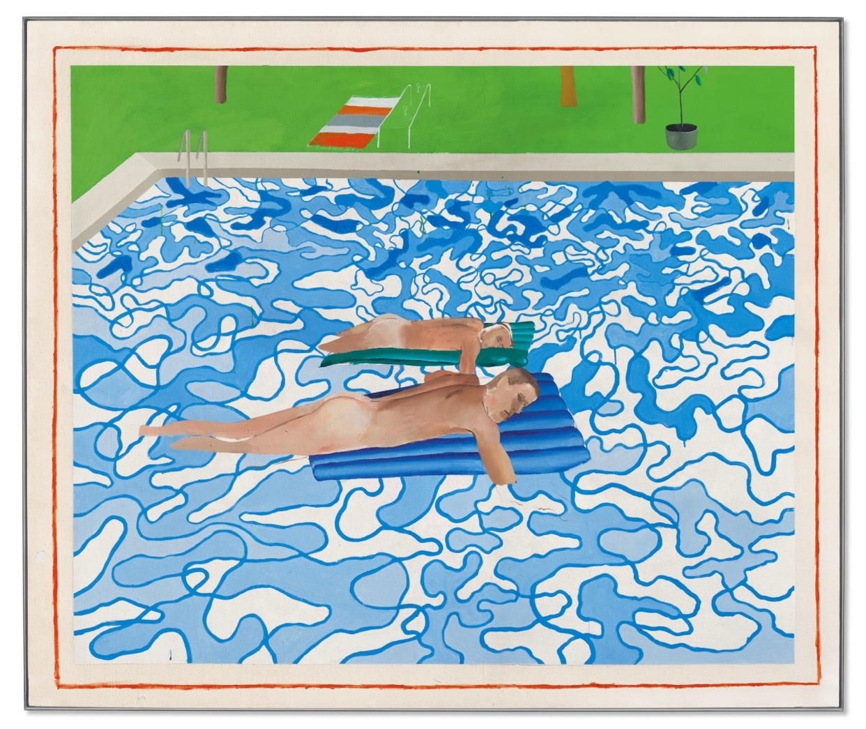 An illustration depicts two men lounging on inflatable rafts in a bright blue swimming pool. The artwork is in the style of David Hockney, with bold lines and vibrant colors.
