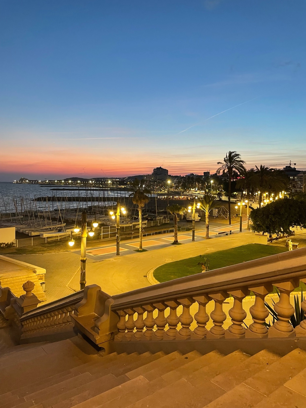 A beautiful sunset over a coastal city. The photo captures the city lights and palm trees.