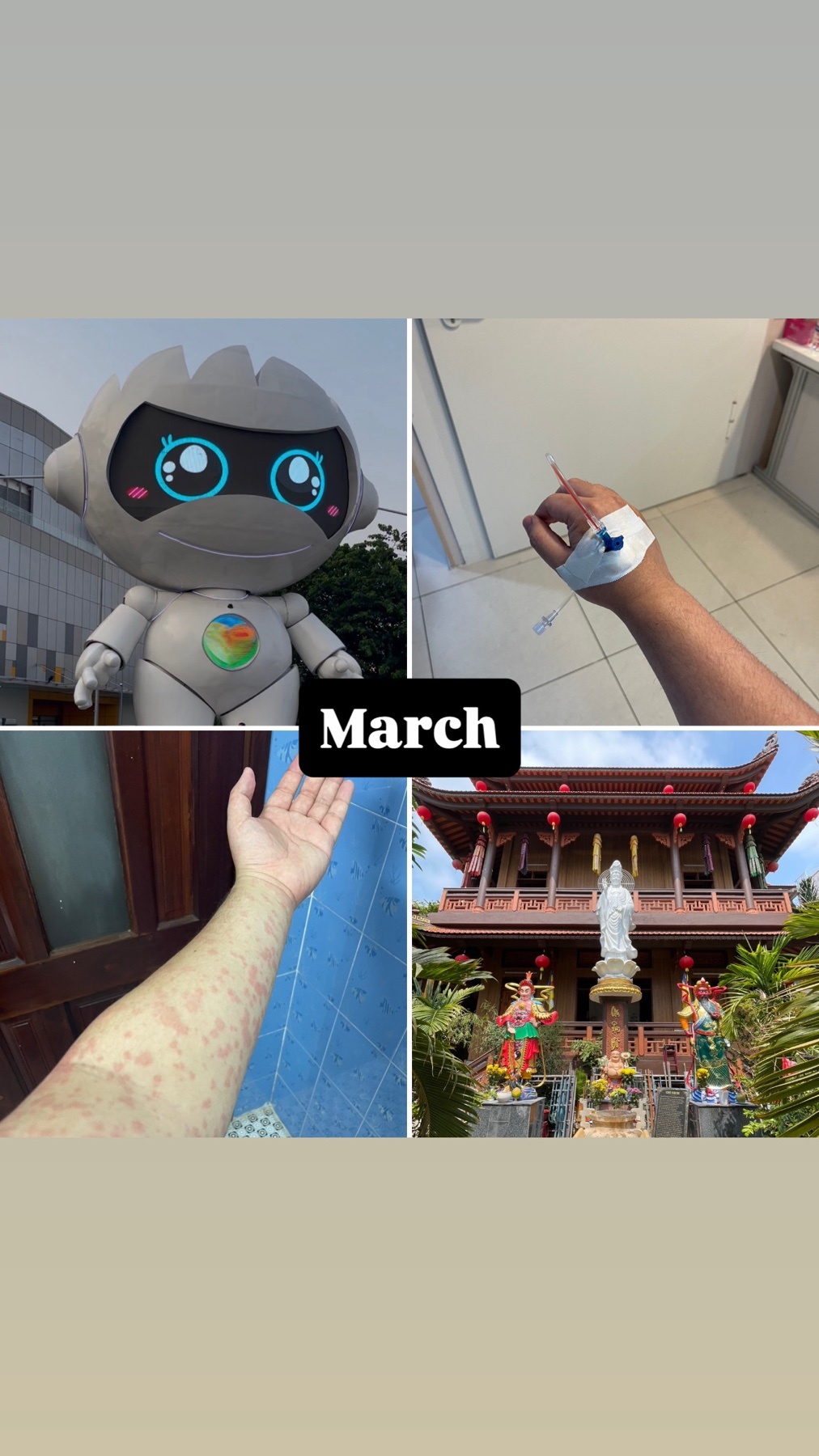 A collage of images from March, including a robot, a medical procedure, an arm with a rash, and a temple.