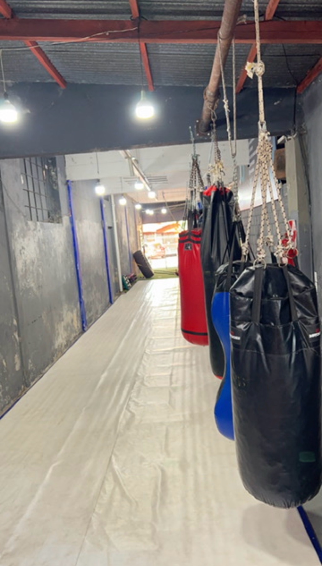 A view down a gym hallway with punching bags hanging from the ceiling. The image captures the essence of a boxing or fitness training environment.