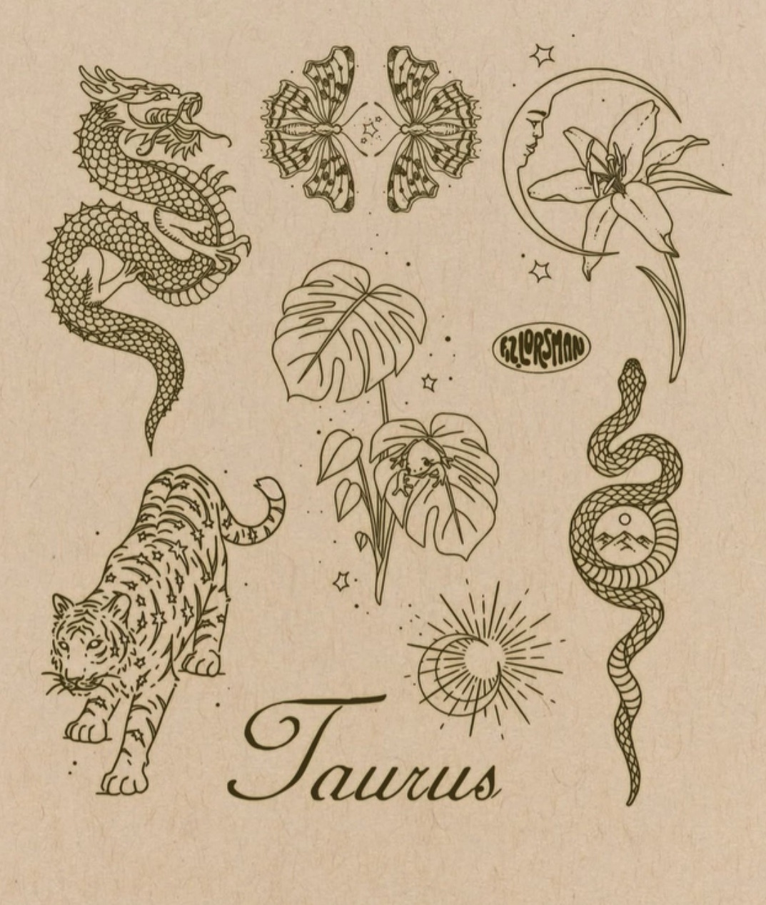 A collection of tattoo designs featuring a dragon, tiger, snake, butterflies, monstera leaves, and celestial elements, all rendered in a vintage line art style on a textured beige background. The word "Taurus" is prominently displayed in elegant scri