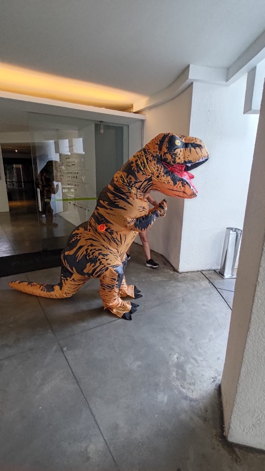 A person in a full-body inflatable T-Rex costume stands in a hallway. The costume is orange with black stripes and has a red bandana around its neck.