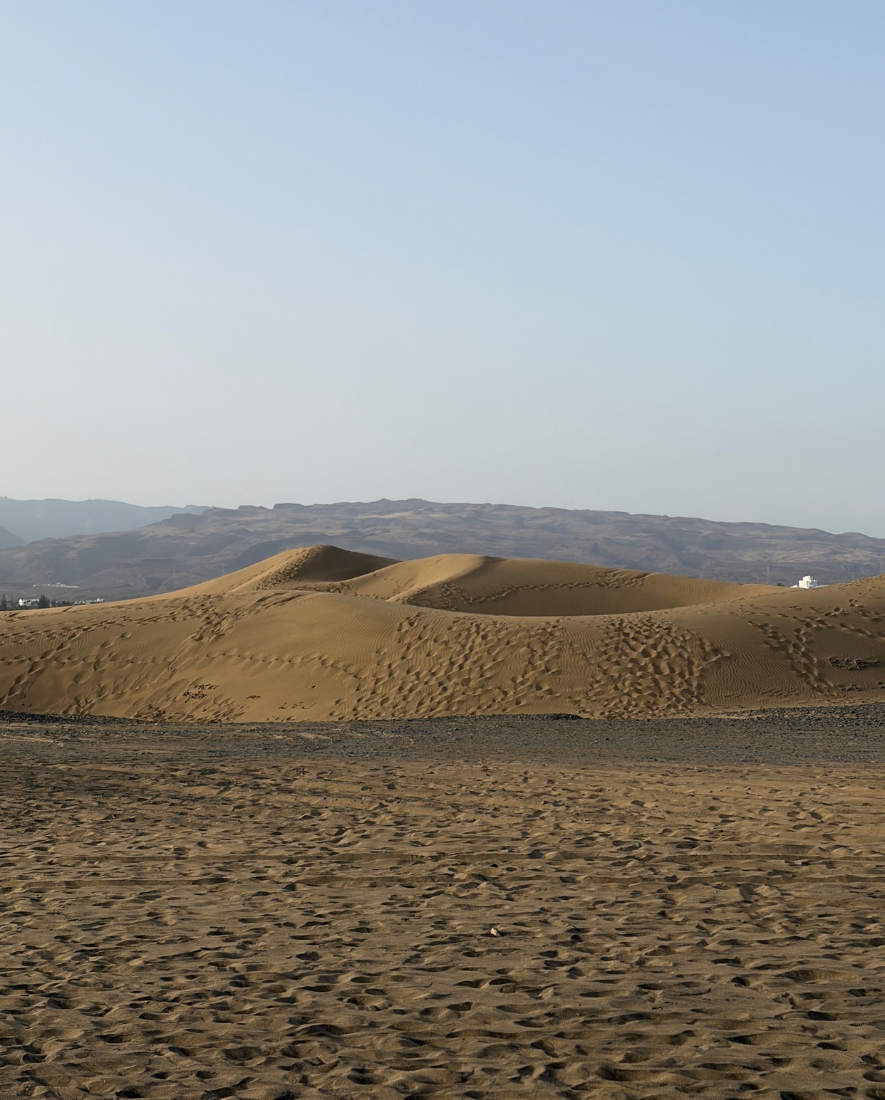 A vast expanse of sand dunes under a clear sky, with footprints scattered across the sandy terrain. In the distance, rolling hills and a hazy horizon complete the arid landscape.