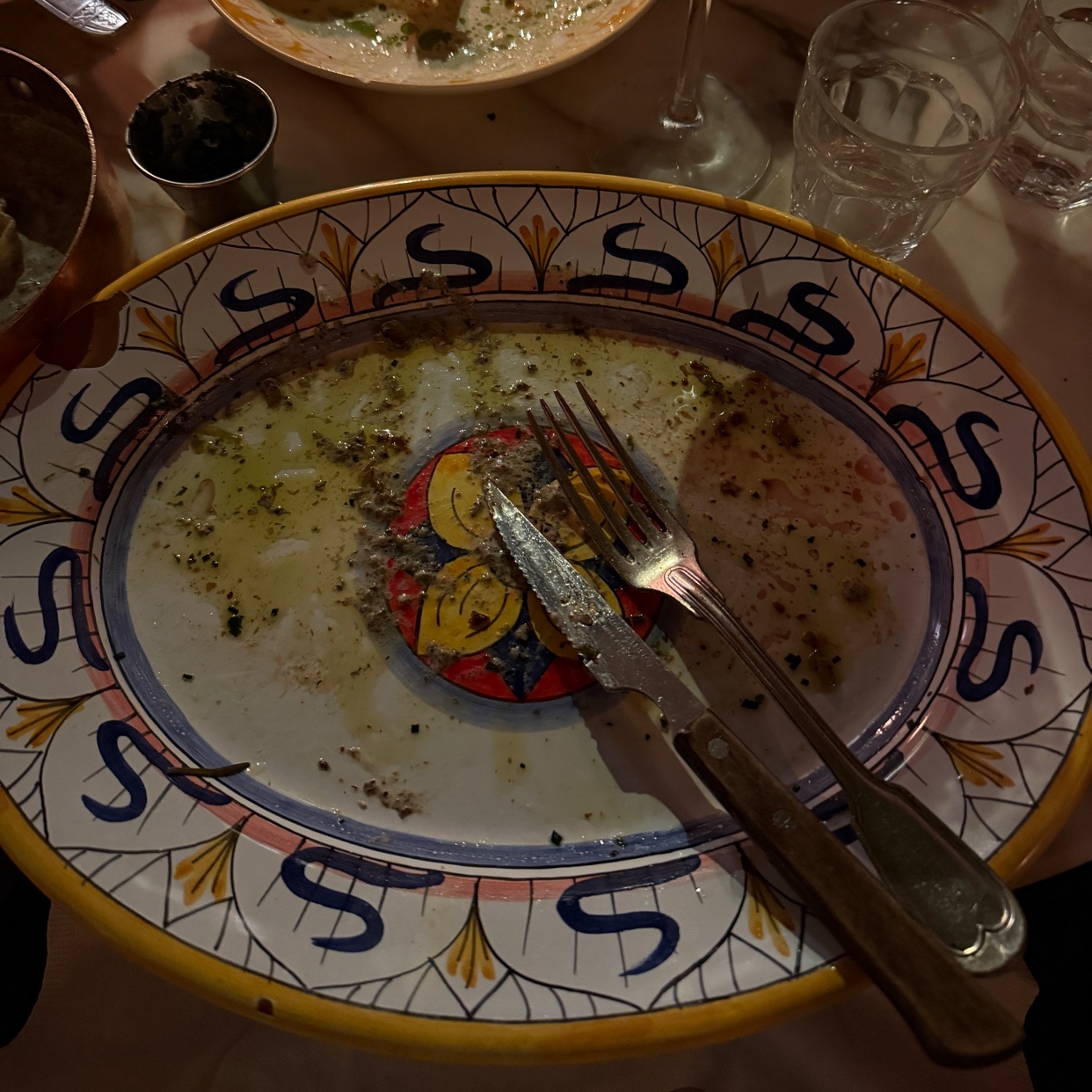 An empty plate with remnants of food and a fork and knife. The plate has a decorative pattern.