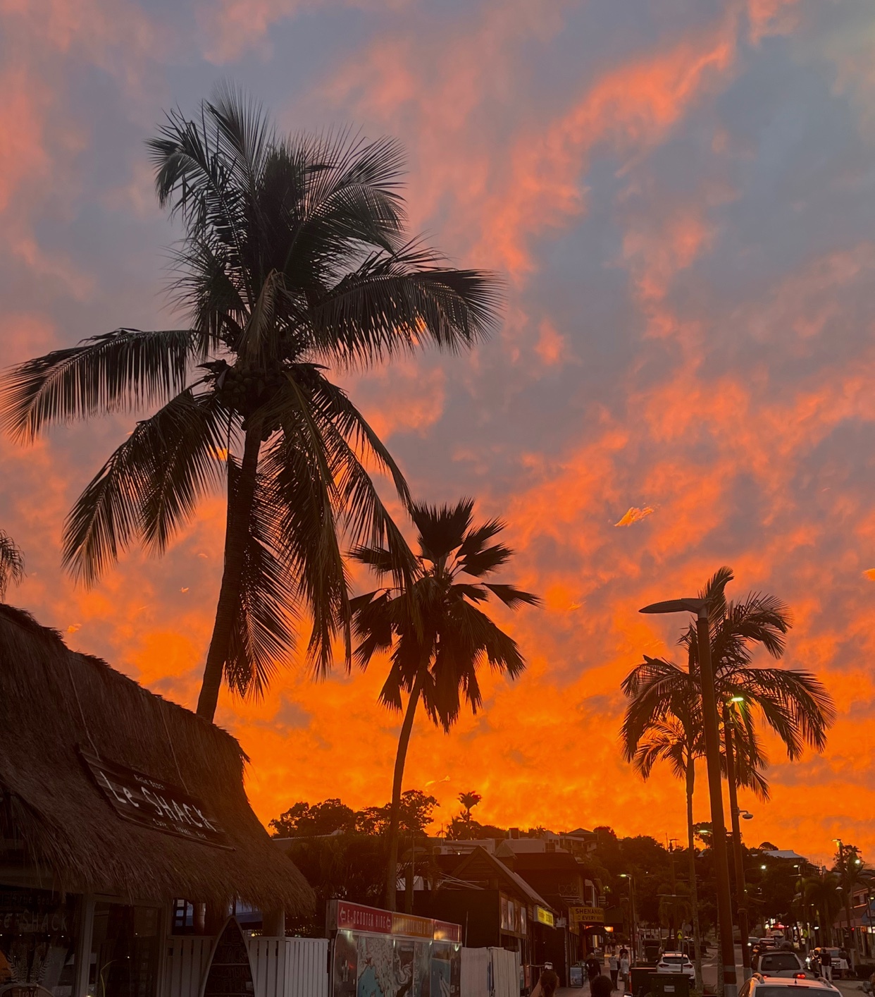 A vibrant orange and red sunset paints the sky with dramatic clouds, silhouetting palm trees and a coastal town.