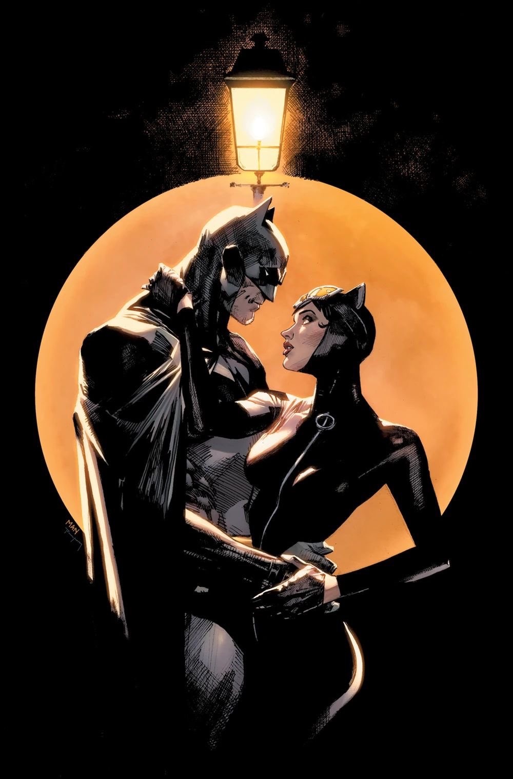 A dramatic illustration depicts Batman and Catwoman in a romantic embrace under a street lamp with a full moon in the background. The artwork has a dark, moody aesthetic, highlighting the iconic comic book characters.