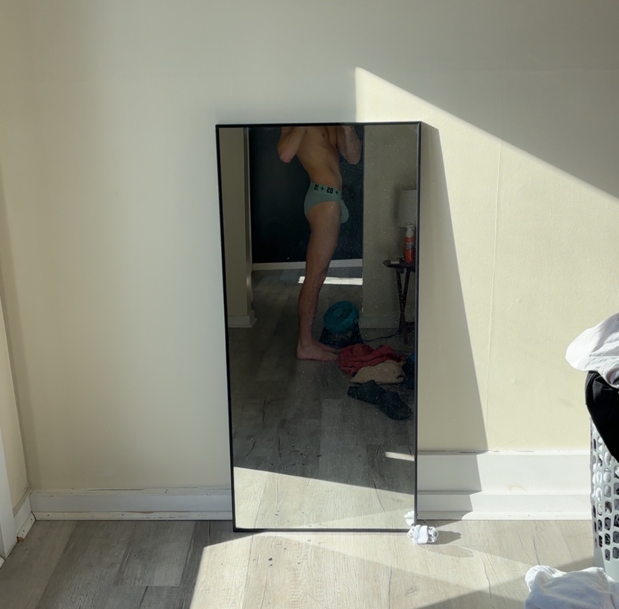 A man stands in front of a mirror, shirtless and wearing underwear. The photo is taken in a room with sunlight and shadows.