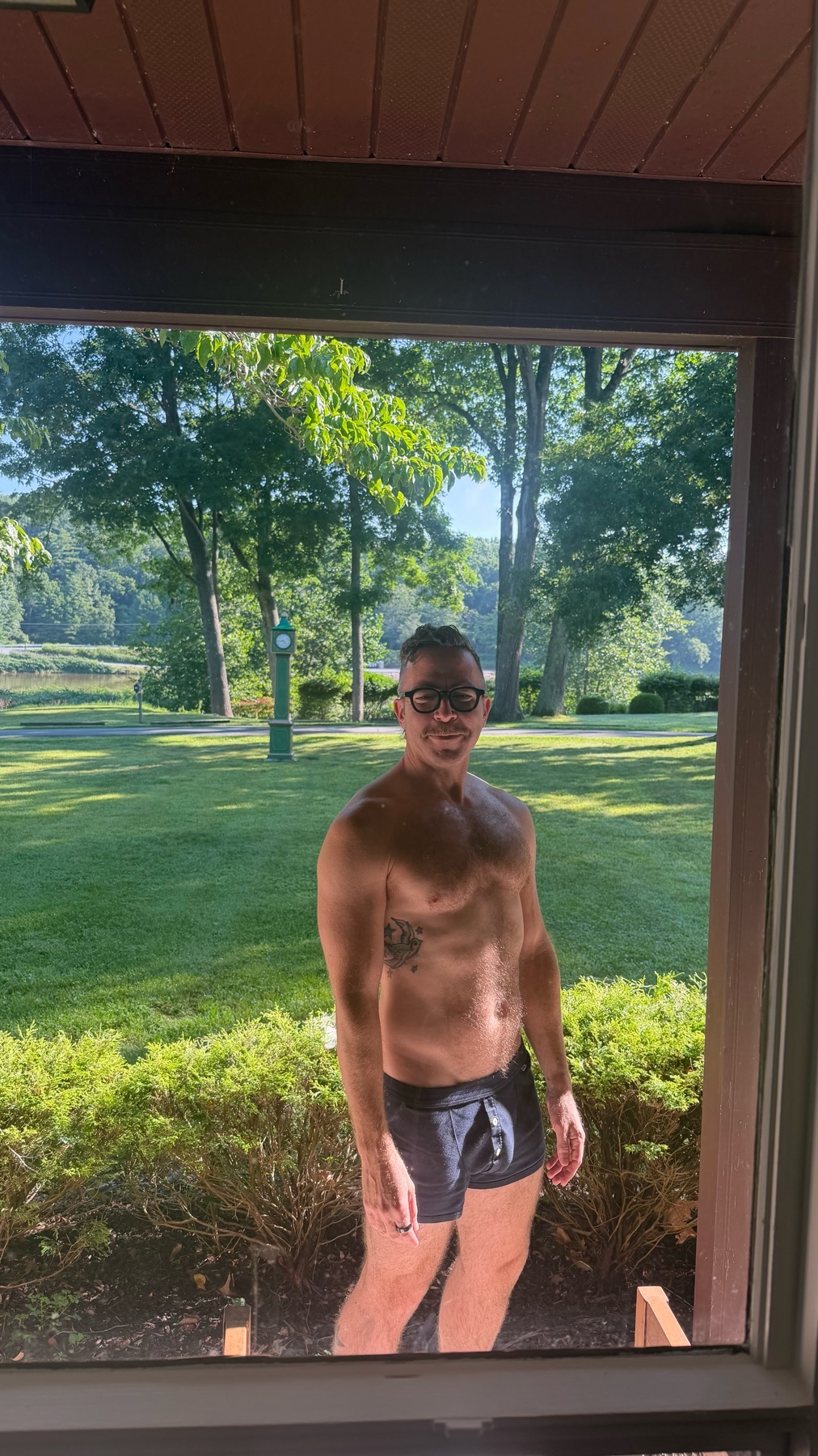 A shirtless man wearing glasses and underwear stands outside on a sunny day, with a lake and trees in the background.