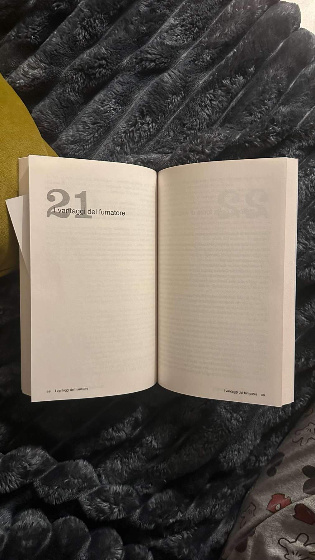 An open book is displayed on a textured blanket. The left page shows the number 21 and the title "Pros of a smoker" in Italian. The right page is filled with text.