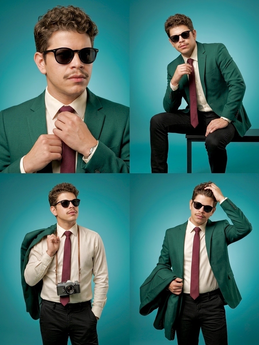 A four-panel collage features a man in various stylish outfits, including suits and ties, accessorized with sunglasses and a vintage camera.