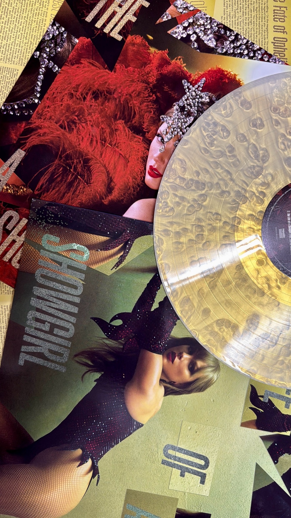 A close-up shot of a vinyl record and album cover. The album cover features a woman in a glamorous outfit.
