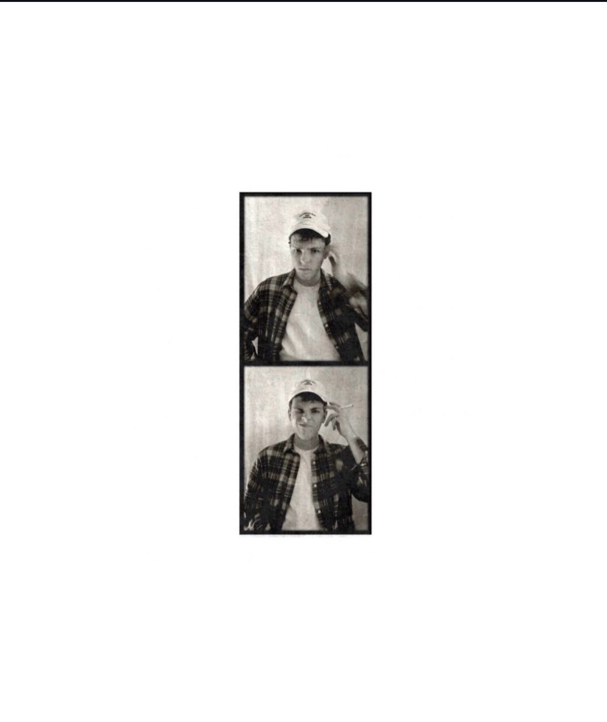 A vintage photo booth strip features a young man wearing a plaid shirt and a baseball cap. He is holding his hand to his ear, as if on a call.