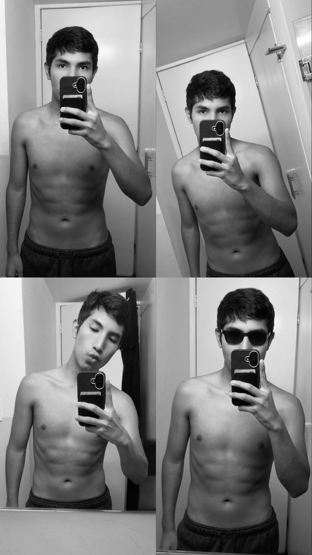 A black and white collage of a man taking selfies in a bathroom, showcasing his physique. The man is shirtless and appears to be flexing.