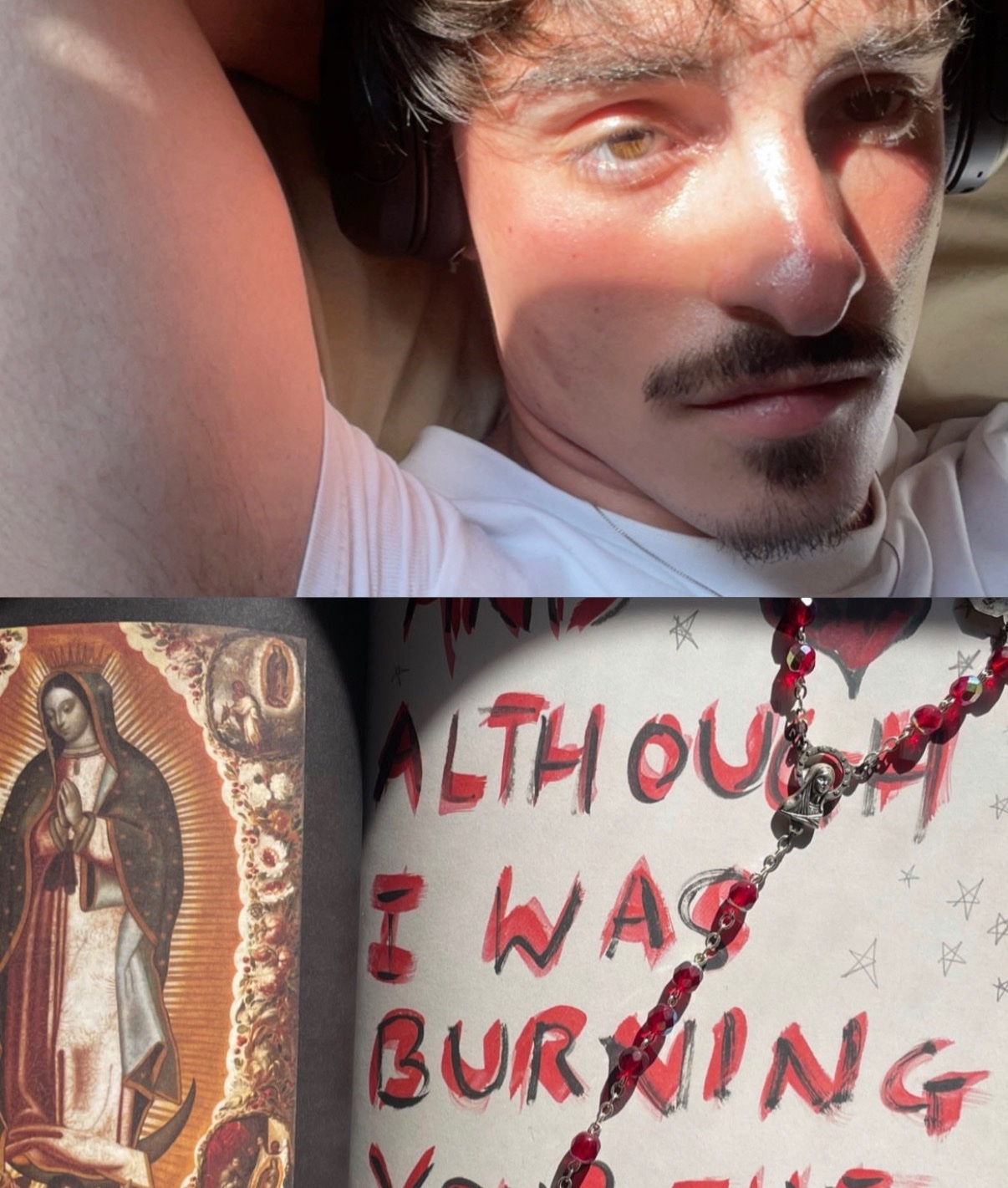 A man takes a selfie, with a drawing of a religious figure and text in the background. The man is shirtless.