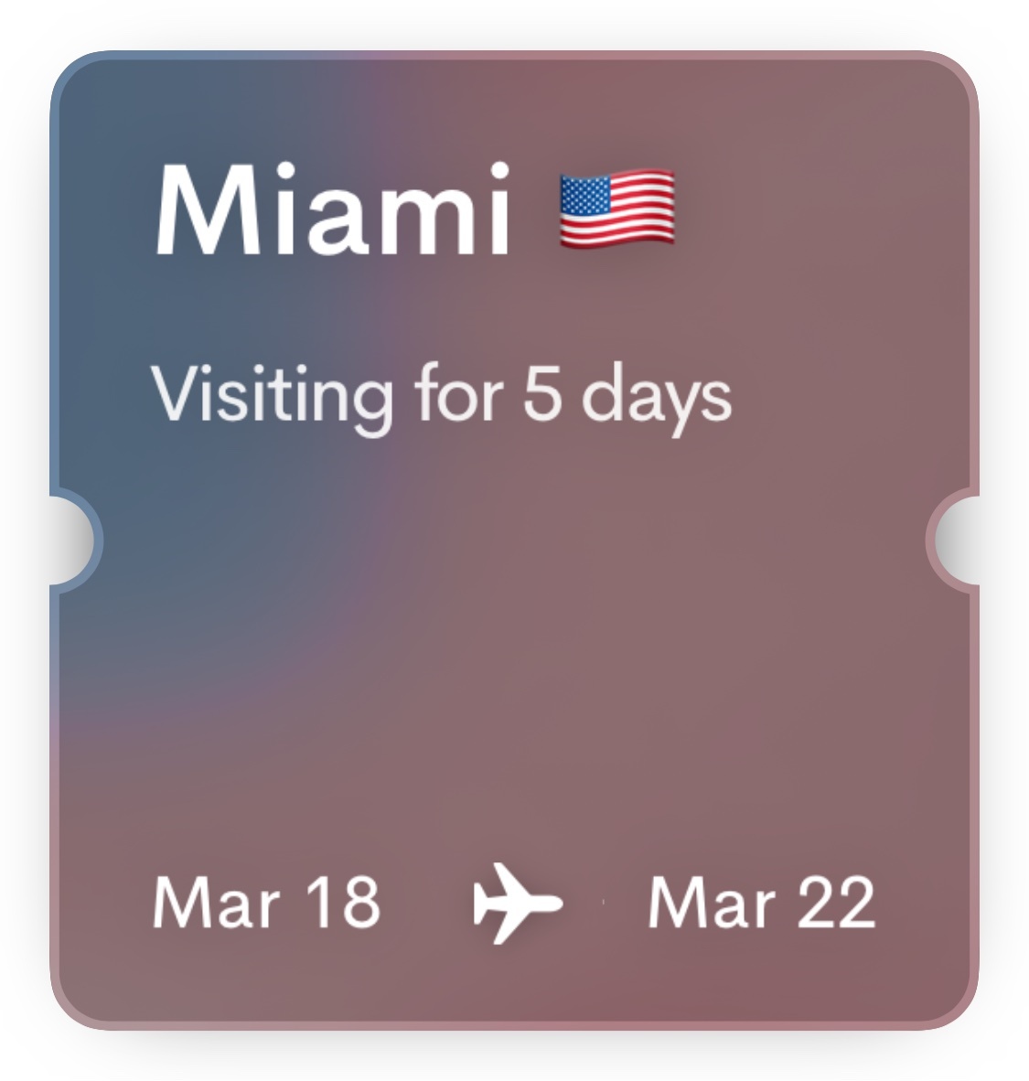 A graphic displays travel information for Miami, Florida, indicating a 5-day visit from March 18th to March 22nd, with an American flag and an airplane icon.