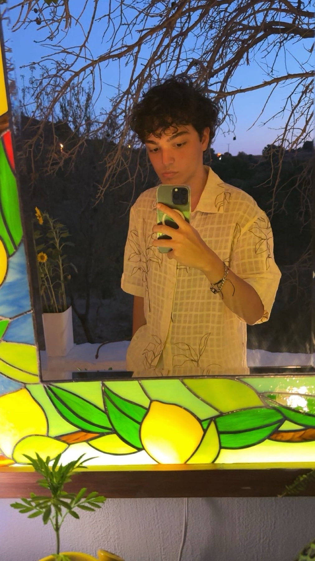 A young man with curly dark hair takes a selfie in front of a mirror with a stained-glass frame depicting lemons and leaves. He is wearing a light-colored, short-sleeved button-down shirt with a subtle pattern.
