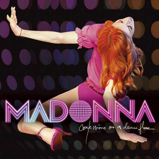 The album cover for Madonna's "Confessions on a Dance Floor" features the singer in a dynamic pose. She is wearing a pink dress and has vibrant red hair.