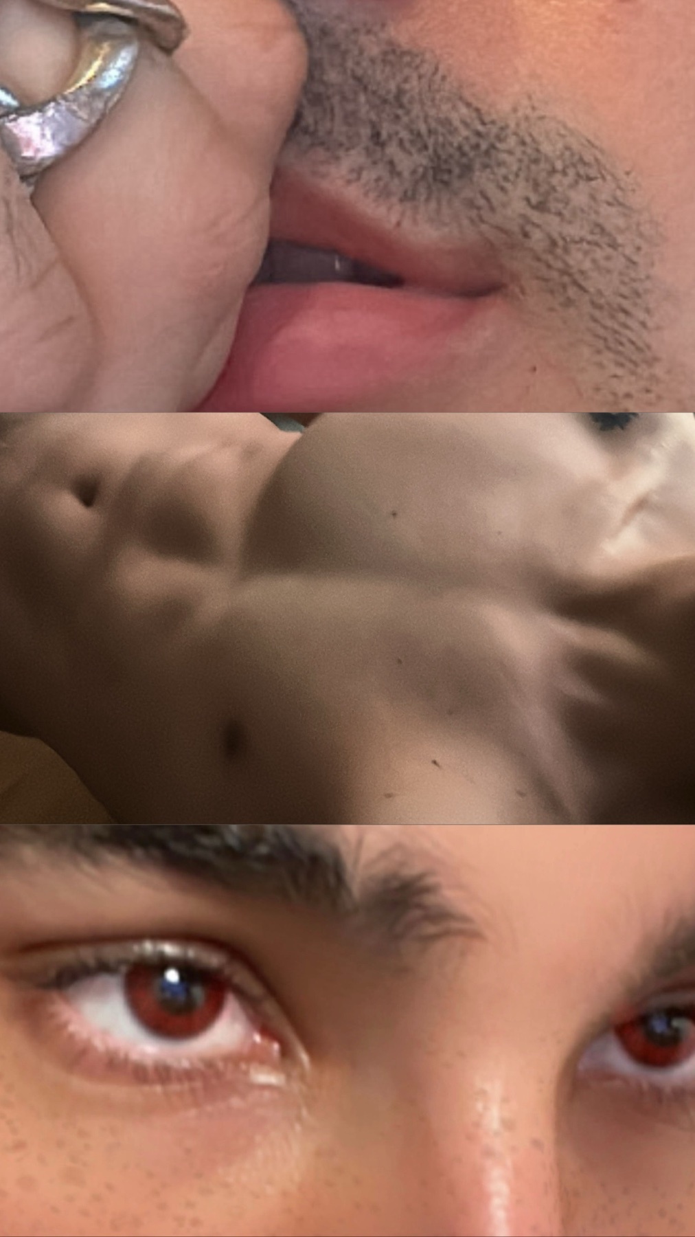 A close-up collage of a man's features. The image highlights his lips, eyes, and muscular torso.