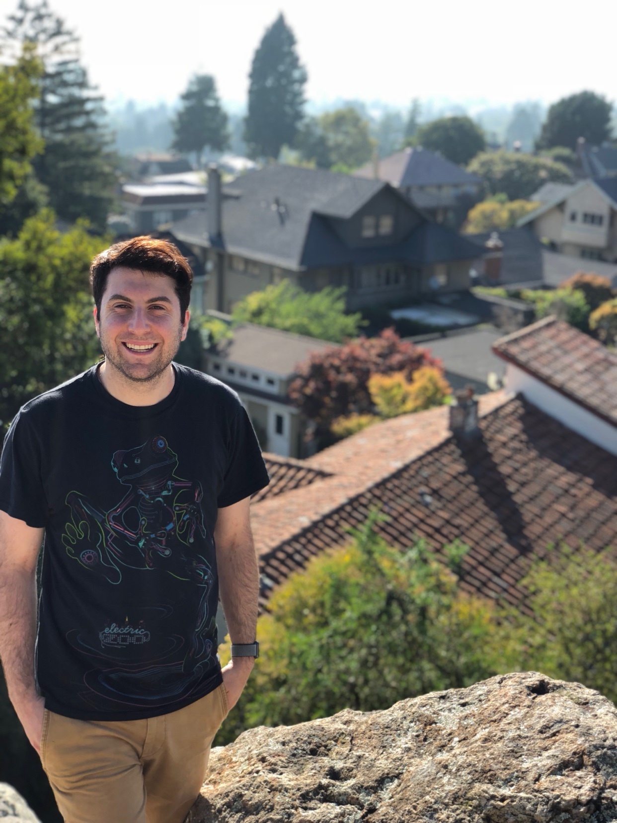A smiling man in a graphic t-shirt and khakis stands on a rock overlooking a neighborhood with houses and trees.