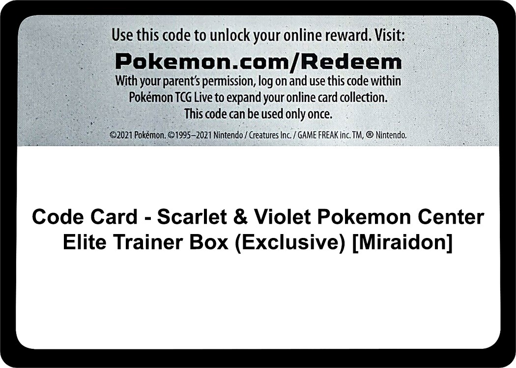 Code Card Scarlet & Violet Pokemon Center Elite Trainer Box (Exclusive) [Miraidon]