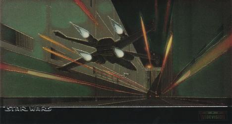 X-wing flying down Death Star trench 