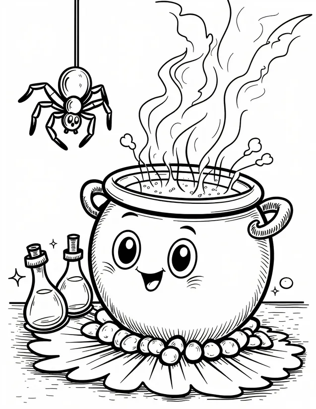 Happy Cauldron and Spider Friend | Free Coloring Page | Color It Daily ...