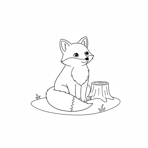 A fox sits on a grassy mound next to a tree stump.