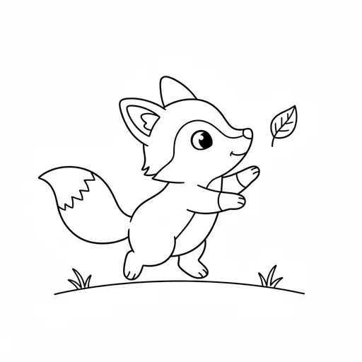 A cartoon fox reaches up towards a falling leaf on a grassy hill.