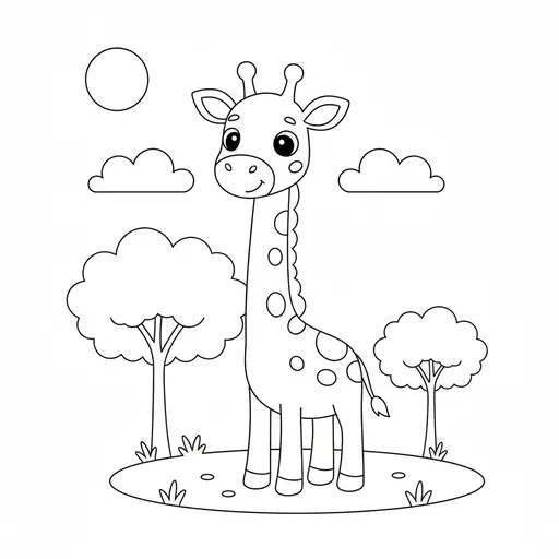 A cartoon giraffe stands in a field with trees and clouds.