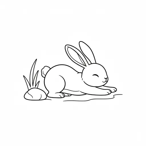 A cartoon rabbit lies on its belly with front paws extended and eyes closed.