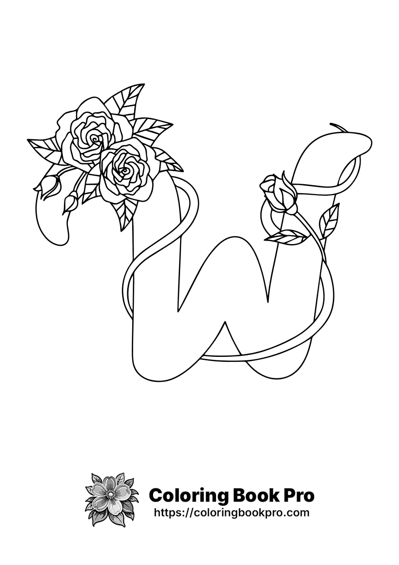 A black and white drawing of the letter V with roses. icon