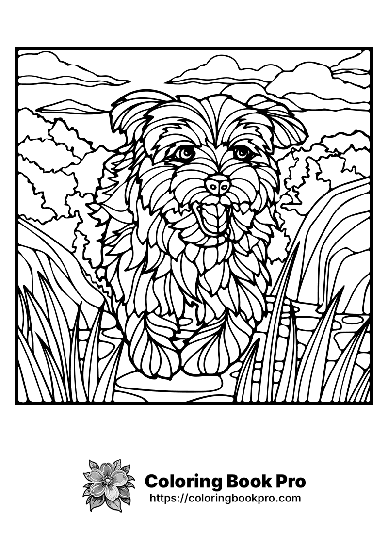A black and white picture of a dog in a field. icon