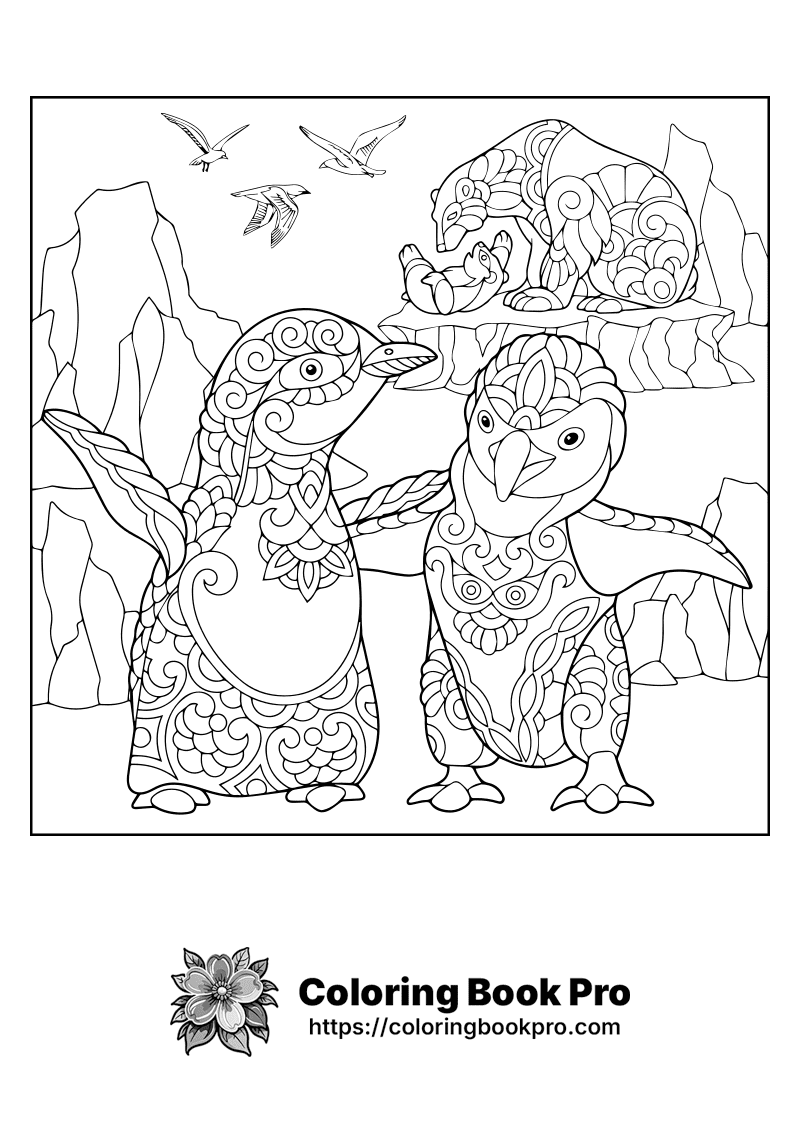 A black and white picture of two penguins in the wild. icon