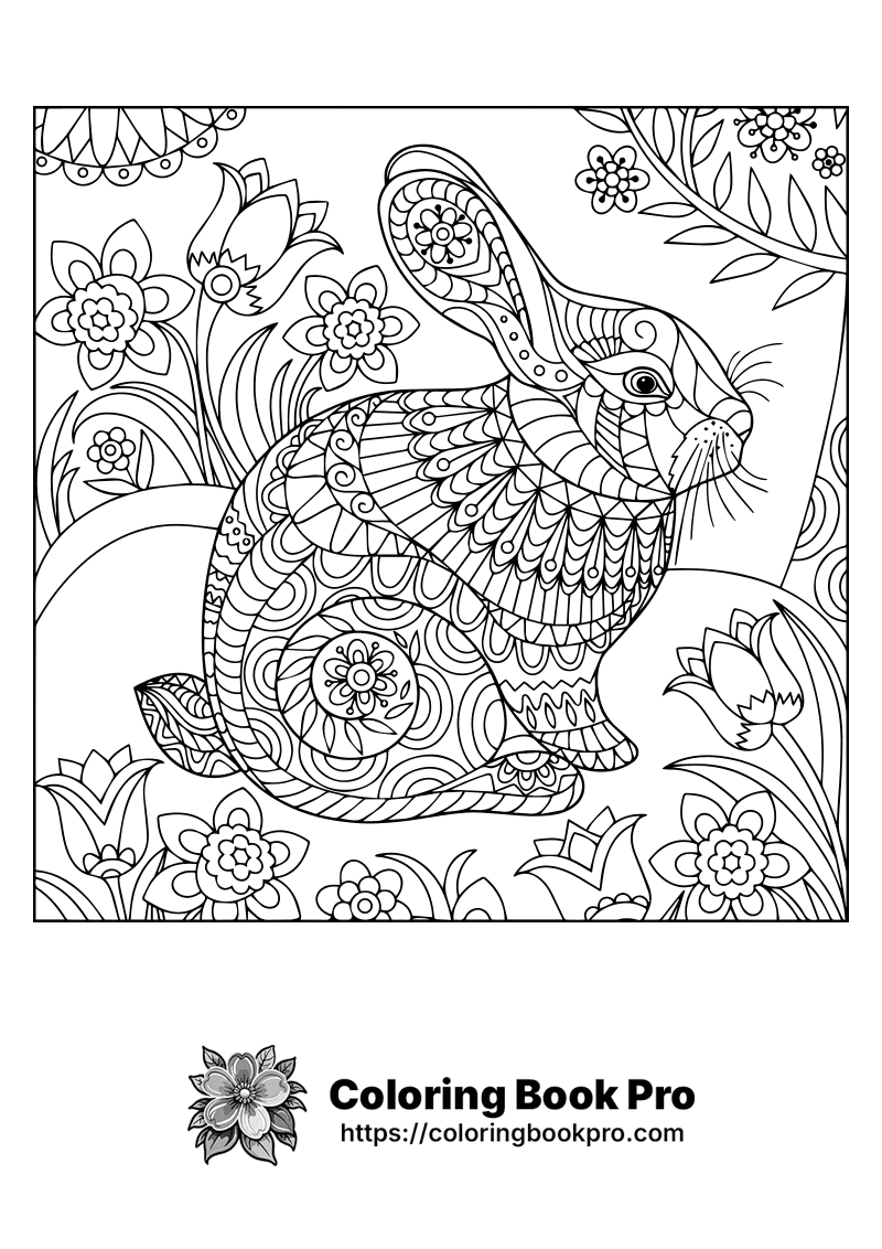 A coloring page of a rabbit surrounded by flowers. icon