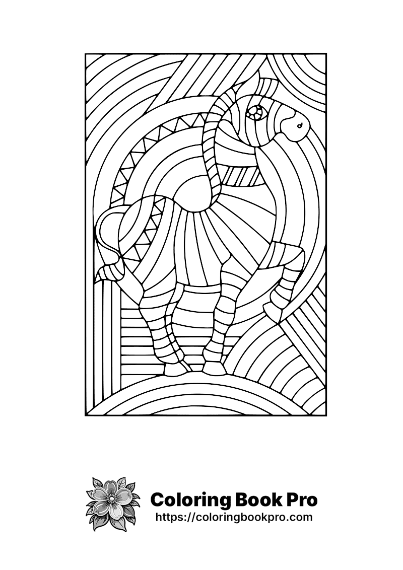 A stylized, geometrically patterned horse is depicted within an intricate design of concentric circles and lines on a black-and-white coloring page. icon