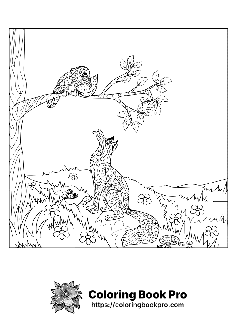 A black and white drawing of a cat and a bird. icon