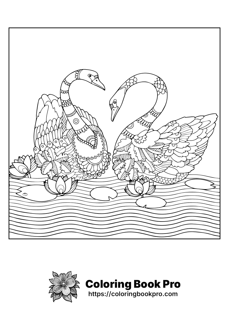 A black and white drawing of two swans in a pond. icon