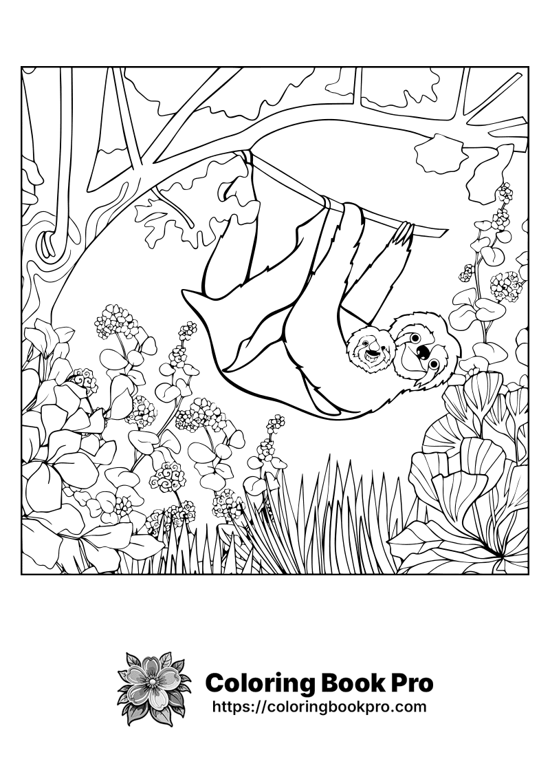 A black and white drawing of a sloth hanging from a tree. icon