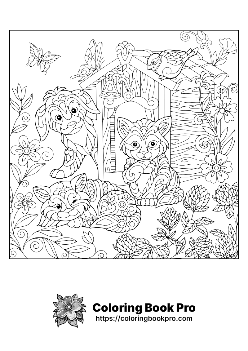 A coloring page of a cat and dog in a doghouse. icon