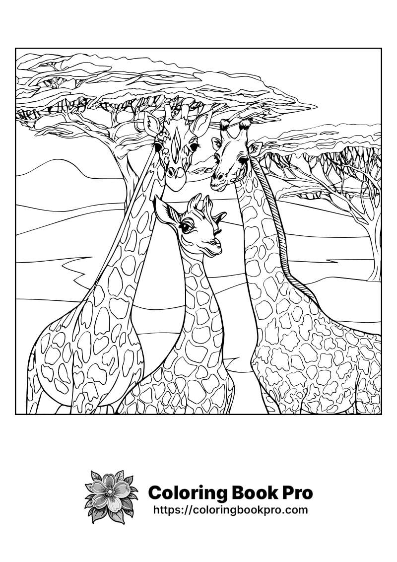 A black and white drawing of three giraffes. icon