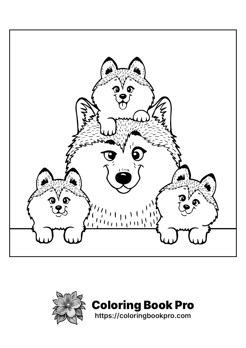 A black and white drawing of three dogs and a large dog. icon