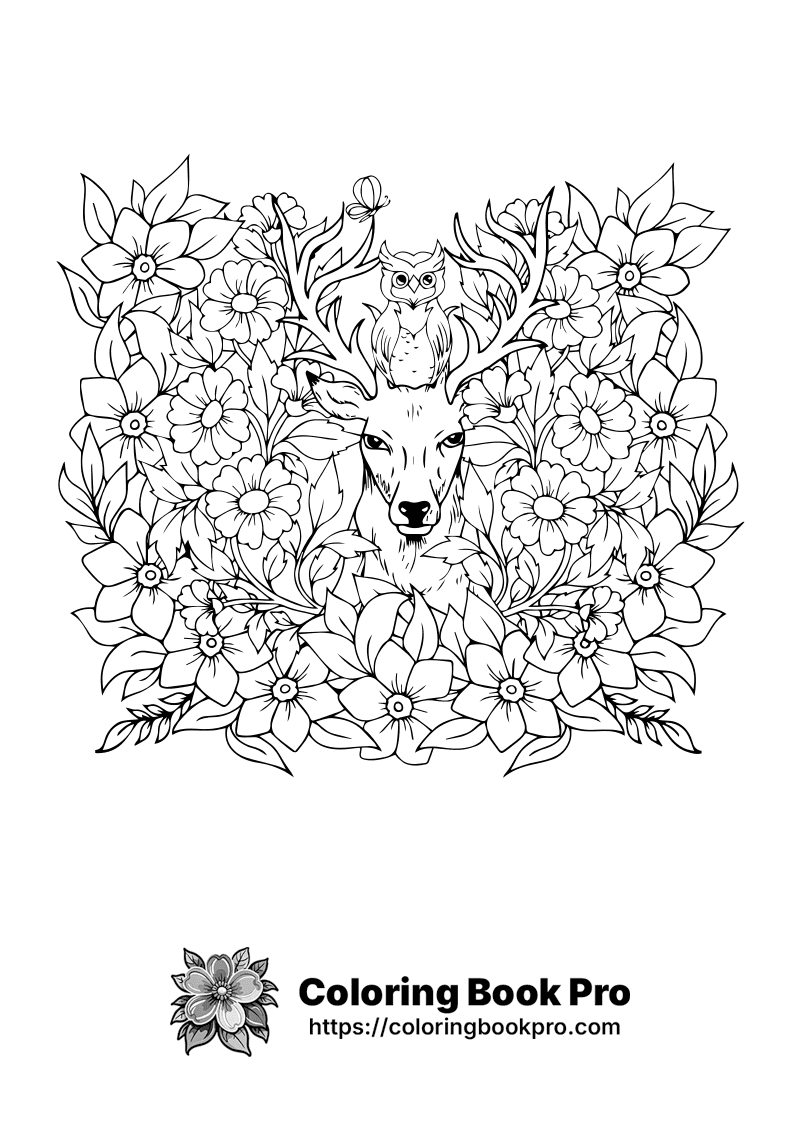 A black and white drawing of a deer surrounded by flowers. icon