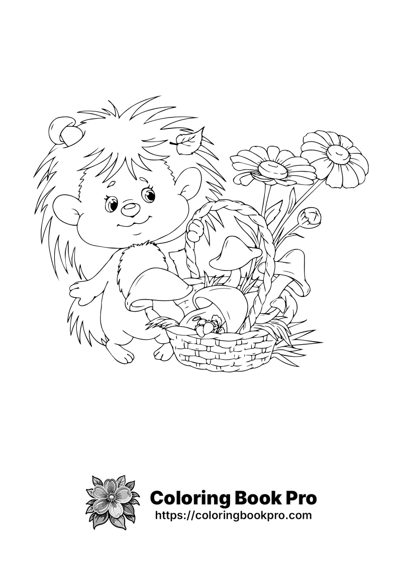 A drawing of a hedgehog holding a basket of flowers. icon