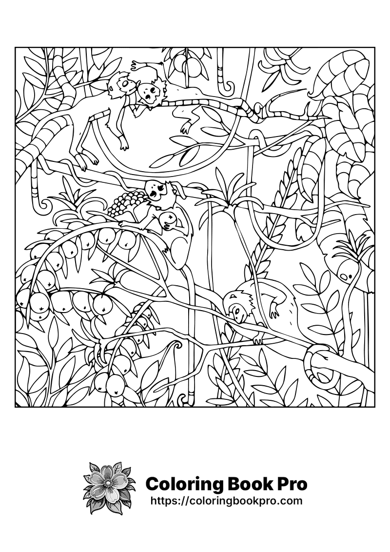 A black and white drawing of monkeys in a tree. icon